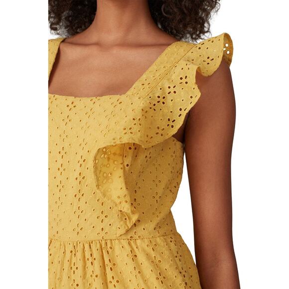 MinkPink My Friend Yellow Eyelet Wide Leg Flutter Sleeve Crop Jumpsuit Size L - Picture 4 of 14